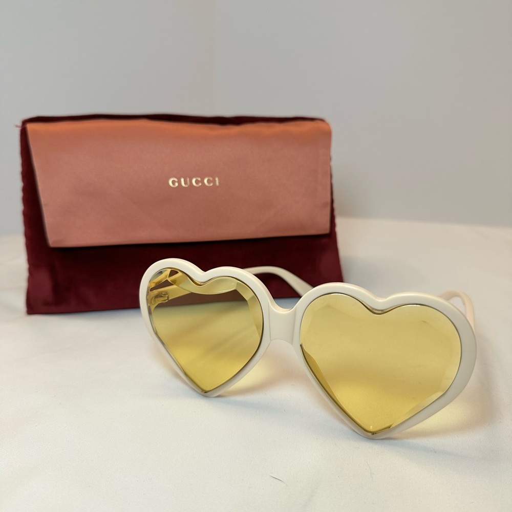 Gucci White Frame Heart Sunglasses with Yellow Lenses - Picture 2 of 6